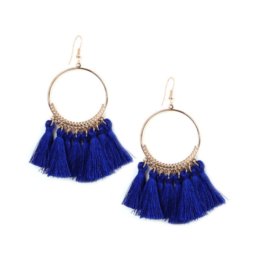 LAST PAIR! Navy fan tassle hoop earrings - Picture 1 of 2